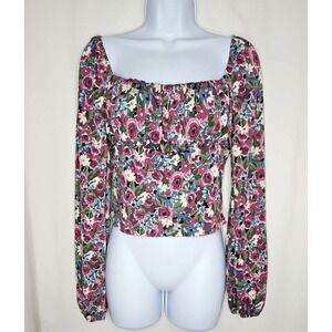 Lush Juniors Floral Long Sleeve Square Neck Cropped Top Size L NWOT